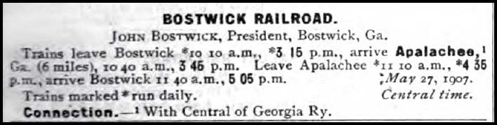 Bostwick Railroad, 1907 timetable