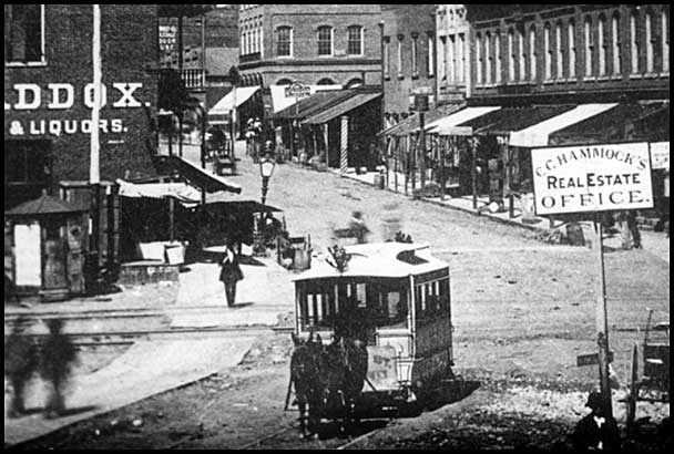 A mule-powered streetcar on Whitehall Street (now Peachtree Street) in 1872.