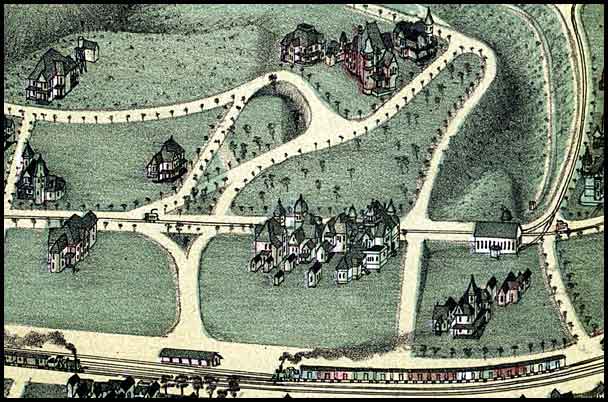 In this scene from Koch's 1892 birds-eye map, an electric streetcar is traveling on Edgewood Avenue at Euclid Avenue.