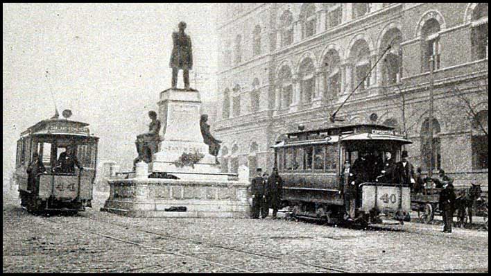 Two streetcars on Marietta Street in Atlanta
