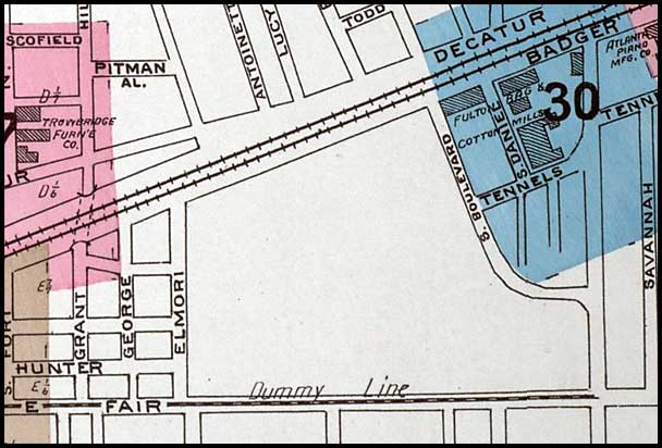 The "Dummy Line" on Fair Street in Atlanta, around 1892. Streetcars were powered by steam dummy engines.