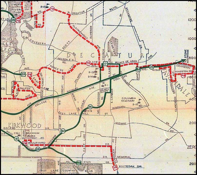 1940s map of streetcar lines in Decatur, GA