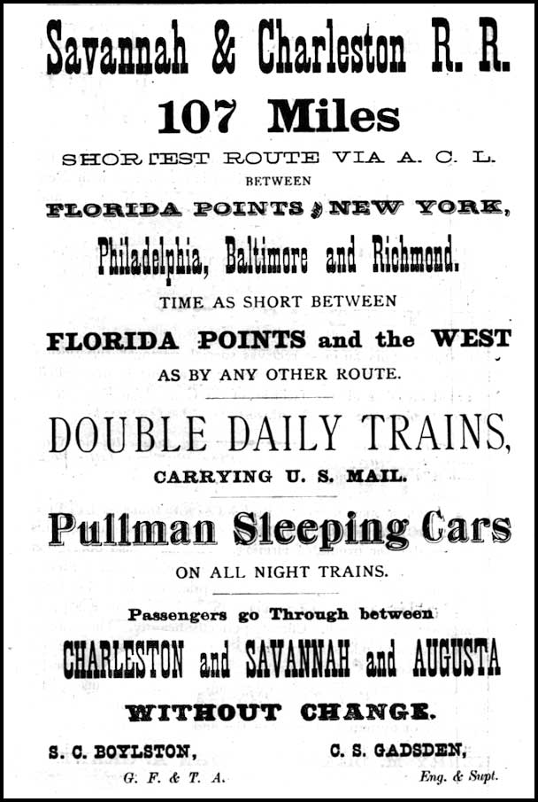1877 advertisement for Savannah & Charleston Railroad