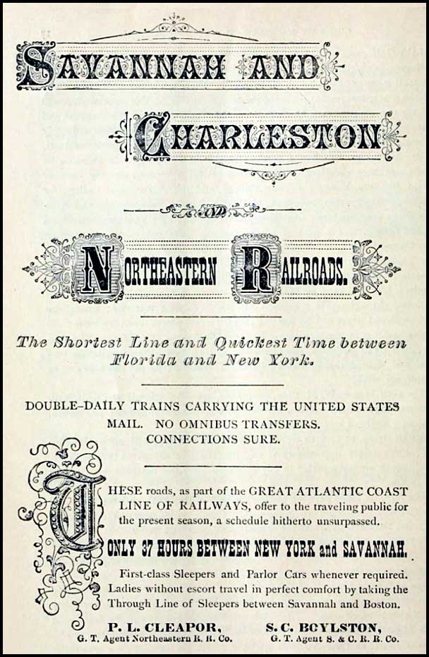 1879 advertisement for Savannah & Charleston Railroad
